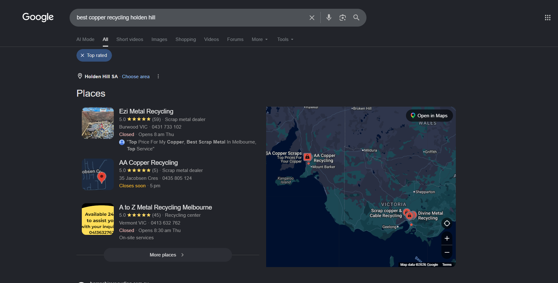 Google search for best copper recycling holden hill showing AA Copper Recycling in the top Places results with a 5.0 rating